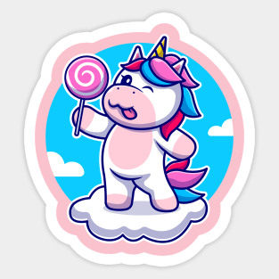 Cute Unicorn Holding Candy On Cloud Cartoon Sticker